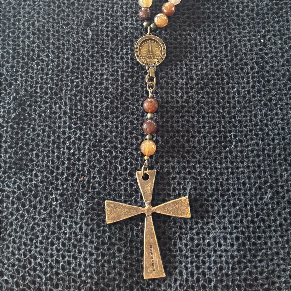French Kande Brinze Cross Pendant Necklace with Beaded Chain
